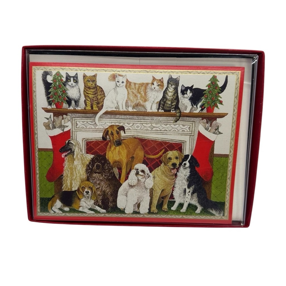 Vintage Caspari Cats and Dogs Print Holiday  Christmas Cards Lot of 11